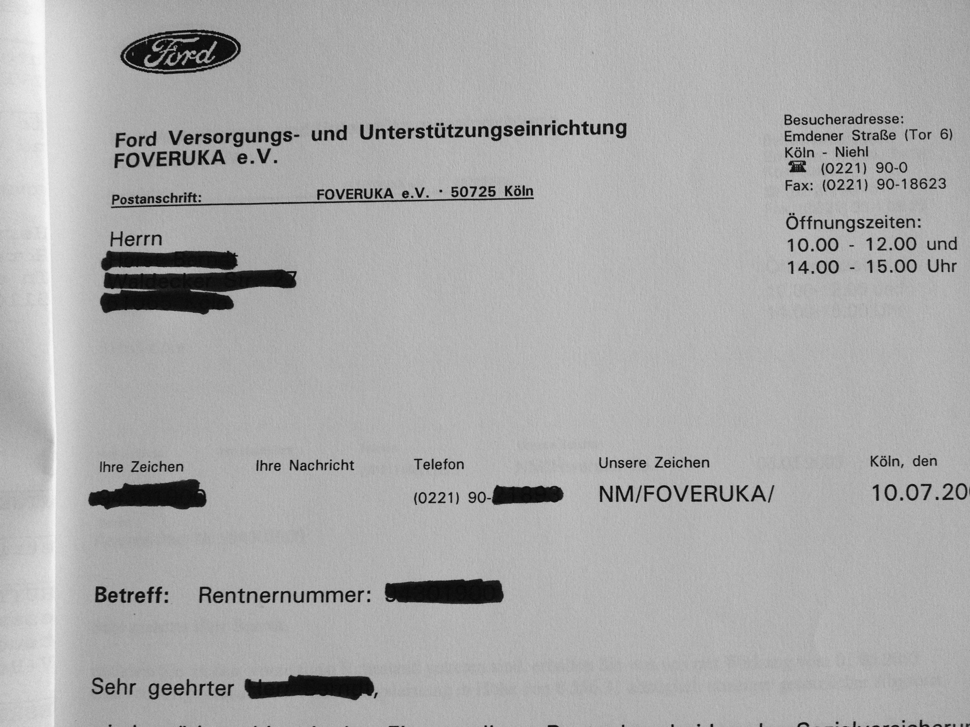 Foveruka Köln Anschrift (Ford Betriebsrente)